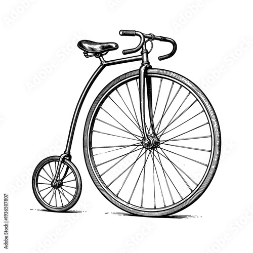 Antique penny-farthing bicycle etching illustration for vintage transport concept