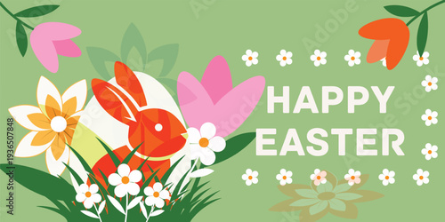 Modern Happy Easter Poster with 3D Pastel Eggs and Cute Rabbit Ears on Clean Blue Background