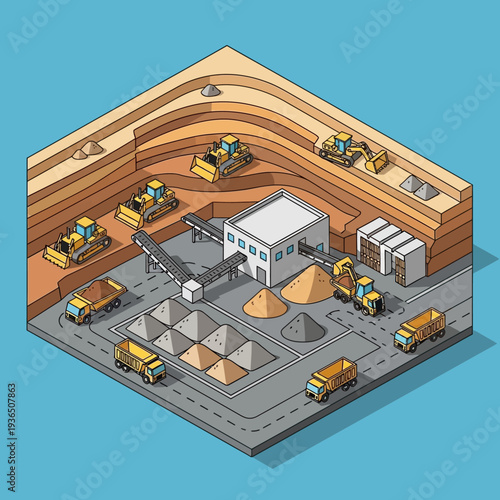 Isometric illustration of a sand and gravel quarry with various machinery and vehicles.