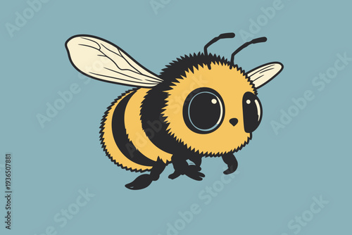 A bee with big eyes is shown on a blue background. It has yellow and black stripes and a simple design. The bee appears playful.