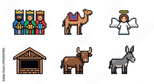 Pixel art Nativity scene characters and elements, including wise men, an angel, a stable, a camel, a cow, and a donkey, perfect for Christmas holiday design projects.
