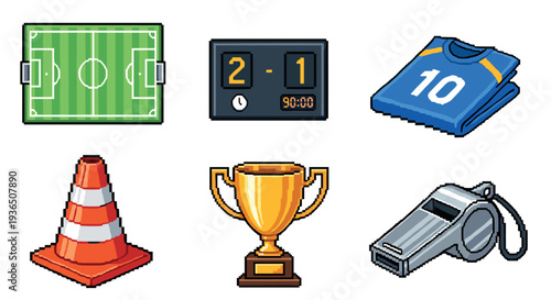 Football match related objects such as a pitch, score display, uniform, cone, cup, and referee whistle are shown in a retro pixelated style.