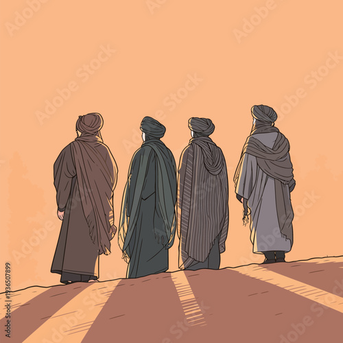 Four individuals are positioned on a hillside facing a sunset, wearing traditional clothing and gazing into the distance.