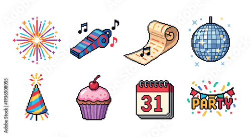 Pixel art party celebration icons set features festive elements like fireworks, hats, disco balls, and cupcakes, perfect for digital event designs.