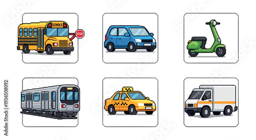 Various pixel art transportation vehicles are depicted in a retro 8-bit style, showcasing different modes of travel for urban and suburban environments.