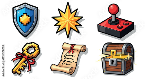 Various game and fantasy adventure elements are depicted in a vibrant cartoon style, perfect for digital projects and creative designs.