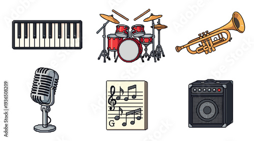Musical instruments and equipment collection featuring a piano keyboard, drum set, trumpet, microphone, music sheet, and amplifier for creative design projects.