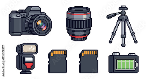 Photography equipment pixel art icons set featuring camera, lens, tripod, flash, memory cards, and battery in a charming retro style.