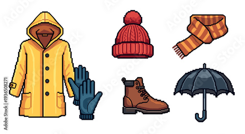 Raincoat, hat, scarf, gloves, boot, and umbrella are essential items for staying warm and dry during cold and wet seasons, depicted in a charming pixel art style.