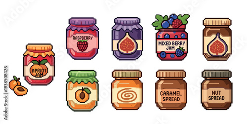 Delicious jars of various fruit jams and sweet spreads are presented in a charming pixel art style, perfect for retro gaming or food-themed designs.