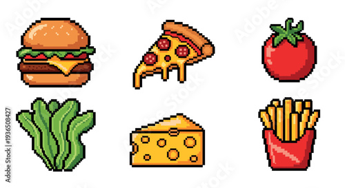 Pixel art food items collection featuring classic fast food and ingredients like a juicy burger, cheesy pizza, crispy fries, and fresh vegetables.
