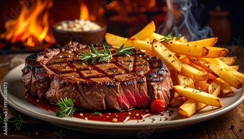 A grilled steak and fries on a plate by a fireplace