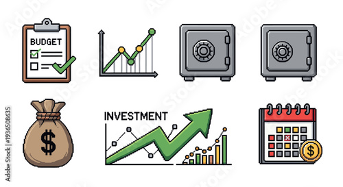 Financial management pixel art icons collection representing budgeting, investment, and security, perfect for digital projects and business concepts.