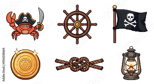 Charming collection of cartoon pirate elements including a crab, ship wheel, flag, gold coin, rope knot, and lantern in a pixel art style.