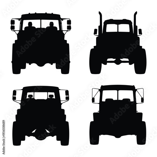 Four Black Silhouette Truck Front Views with Figures in Cabs vehicle transportation isolated white background
