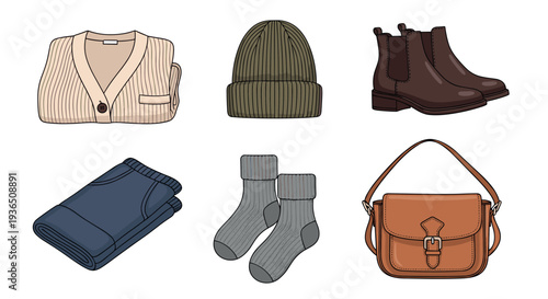Autumn winter clothing accessories collection essential items for cold weather fashion, including a cardigan, beanie, boots, jeans, socks, and a shoulder bag.