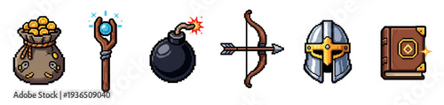 Fantasy game items, including gold, a magic staff, a bomb, a bow, a helmet, and a spellbook, are depicted in a charming pixel art style.