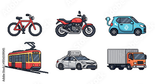 Various pixel art vehicles representing modern urban transportation options, including bikes, cars, and public transit, rendered in a charming retro 8-bit style.
