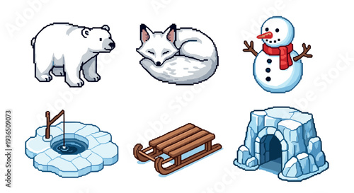 Collection of pixel art winter and arctic elements, featuring a polar bear, arctic fox, snowman, ice fishing hole, sled, and igloo, in a classic 8-bit style.