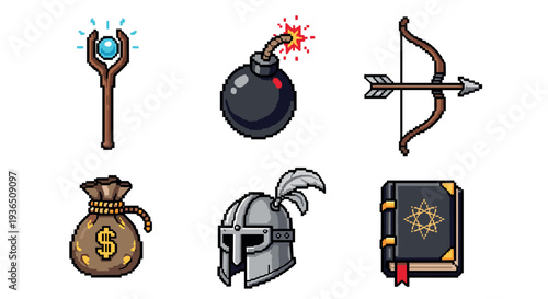 Pixel art game assets collection featuring a magic staff, bomb, bow, money bag, helmet, and spellbook for retro video game design.