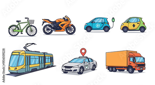 Various transportation vehicles are depicted in a colorful cartoon illustration, showcasing different modes of travel from bicycles to electric cars and public transport.