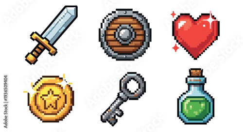 Pixel art video game items collection features classic elements like a sword, shield, heart, coin, key, and potion, perfect for retro gaming projects.