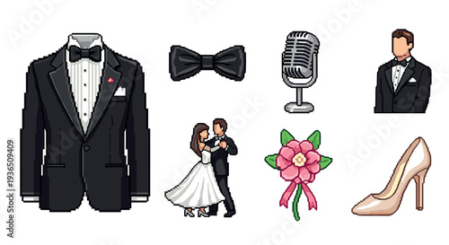 Wedding and formal event pixel art elements including a tuxedo, dancing couple, microphone, and high heel shoe for celebration designs.