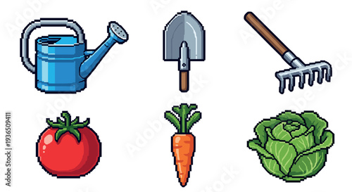 Gardening tools and fresh vegetables pixel art icons are neatly arranged, showcasing essential items for a vibrant garden and healthy harvest.