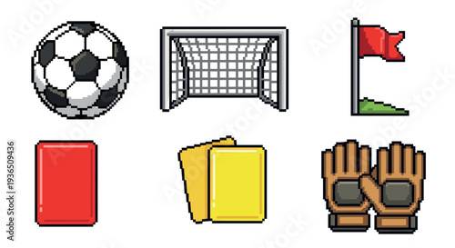 Soccer ball, goal, flag, cards, and gloves are presented as pixel art icons, perfect for retro game design or sports applications.