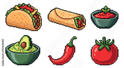 Pixel art Mexican food items and ingredients collection featuring a delicious taco, a savory burrito, fresh salsa, creamy guacamole, a vibrant chili pepper, and a ripe red tomato.