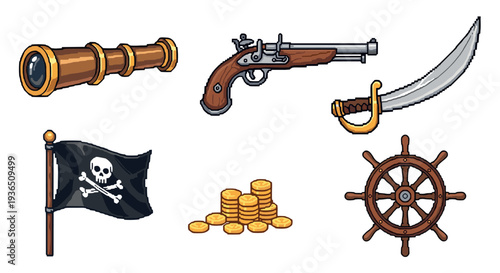 Pixel art pirate items collection featuring classic nautical treasures like a spyglass, flintlock pistol, cutlass, Jolly Roger flag, gold coins, and ship's wheel.