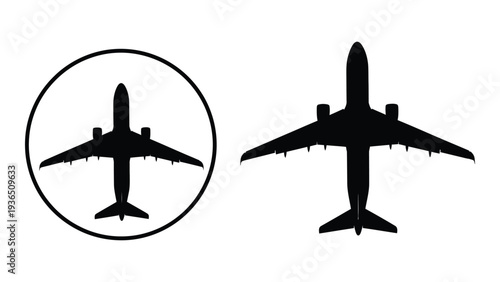 Black airplane silhouettes with one in a circle
