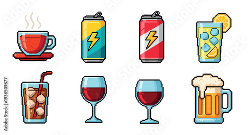 Various refreshing pixel art beverages are depicted in a vibrant collection of retro-style icons, featuring hot drinks, sodas, wine, and beer.
