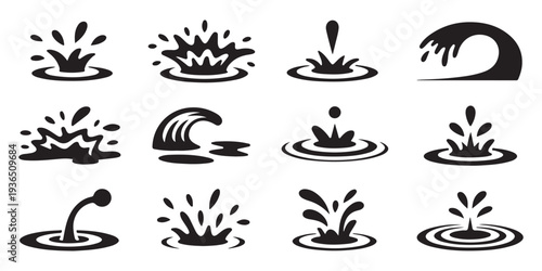 Solid black water splash silhouettes featuring diverse liquid shapes and wave forms for creative projects