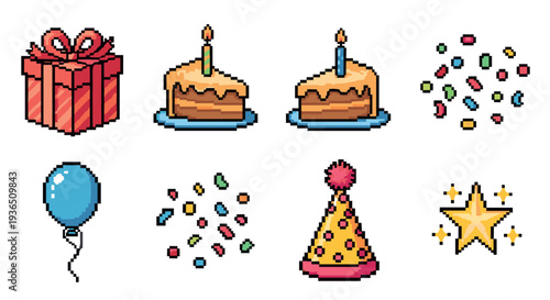Pixel art party celebration items set featuring a gift box, birthday cake, balloon, confetti, party hat, and sparkling star for festive designs.