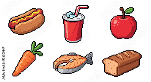 Various pixel art food and drink items including a hot dog, soda, apple, carrot, salmon, and bread, rendered in a charming retro 8-bit video game style.