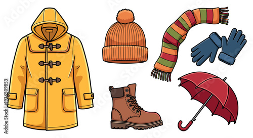 Autumn and winter clothing accessories collection provides essential items for staying warm and dry during the colder months, perfect for seasonal style.