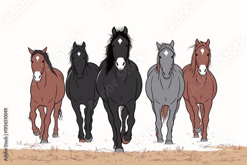 Five horses run closely together across a field with dry grass in a sunny outdoor space during the day.