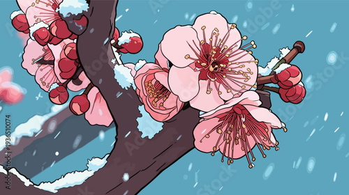 A cherry blossom tree with pink flowers and red buds. Snow covers the branches, creating a winter setting.