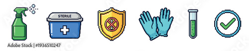 Hygiene and safety icons collection featuring pixel art style elements for health, medical, and protective measures against viruses and germs.