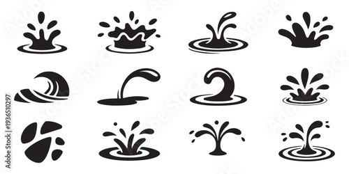 Liquid motion splash icons showing different stages of water impact and surface ripples in silhouette style