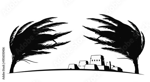 Two silhouetted palm trees frame a small village under a stormy sky.