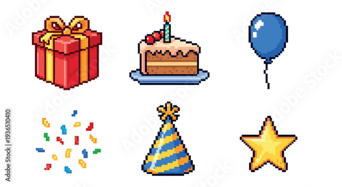 Pixel art birthday celebration icons set features festive elements like a gift, cake, balloon, confetti, and party hat, perfect for retro game designs.