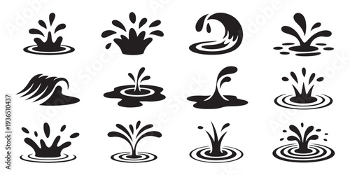 Water splash icon set. flat style water drops or waves on surface logo and emblem collection