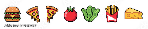 Pixel art food items collection featuring retro video game style graphics, including a hamburger, pizza slices, french fries, tomato, lettuce, and cheese.