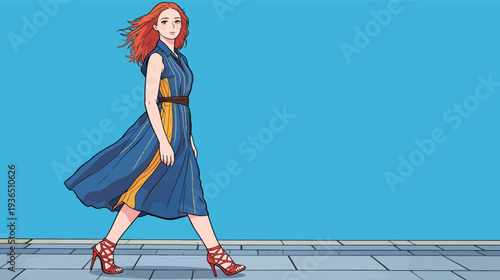 A woman walks confidently on the sidewalk. She wears a blue dress and red shoes. The background is a bright blue color.