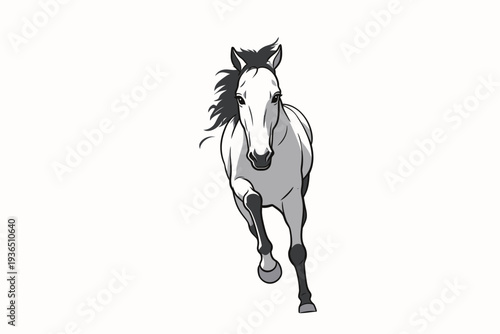 A horse runs forward with strong legs and a flowing mane. The background remains plain, focusing on the horse's movement.