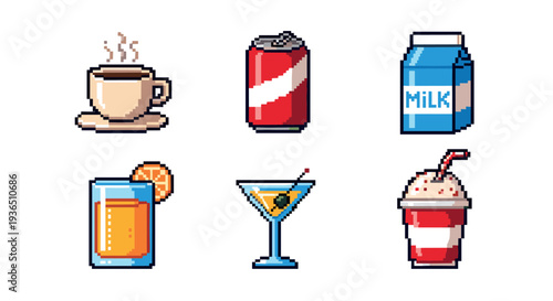 Classic pixel art drink icons set displays a variety of popular beverages including coffee, soda, milk, juice, martini, and milkshake.