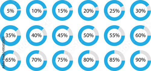 Set of blue circular progress bars and percentage loading UI elements modern dashboard interface vector illustration