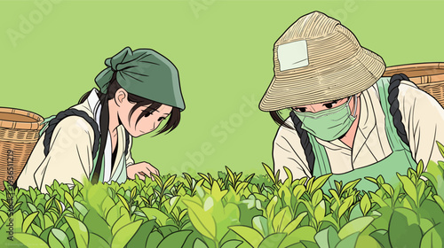 Two farmers work together in a tea field, picking fresh tea leaves while wearing baskets on their backs. It is daytime.